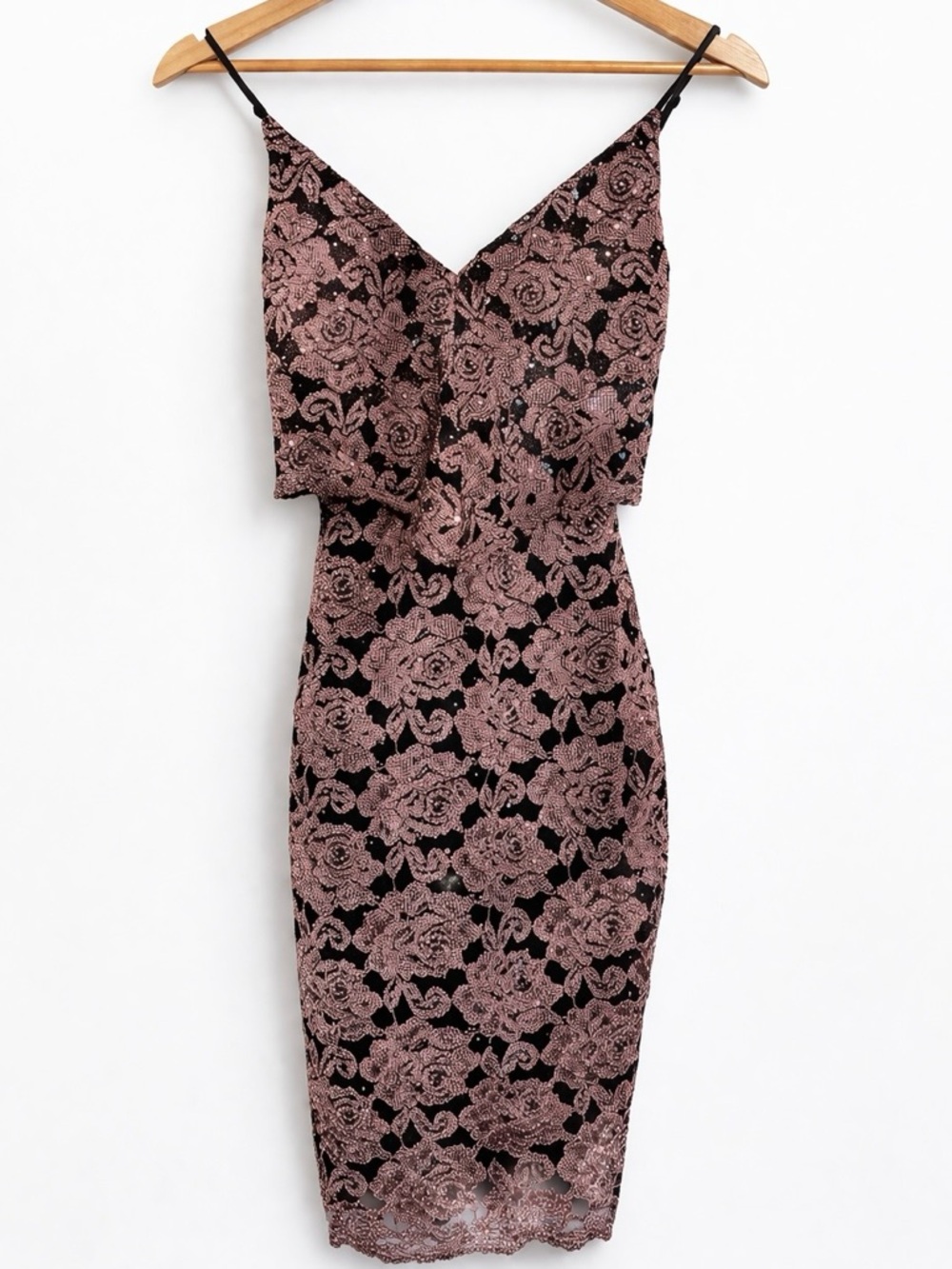 Sequin Floral Lace Bodycon Dress Pink Black V Neck XS Adjustable Straps